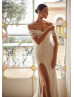 Off Shoulder Ivory Glitter Lace Slit Luxurious Wedding Dress